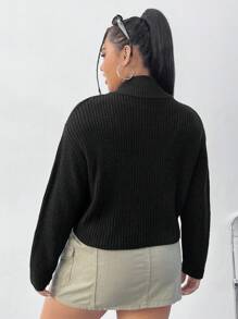 SHEIN EZwear 大尺寸對比拉鍊針織開衫 - 黑色 - 查看 2