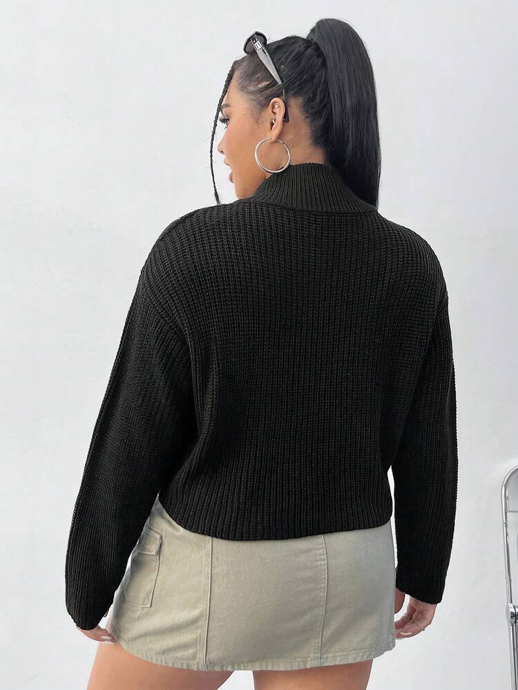 Plus Size Contrast Zipper Knitted Cardigan