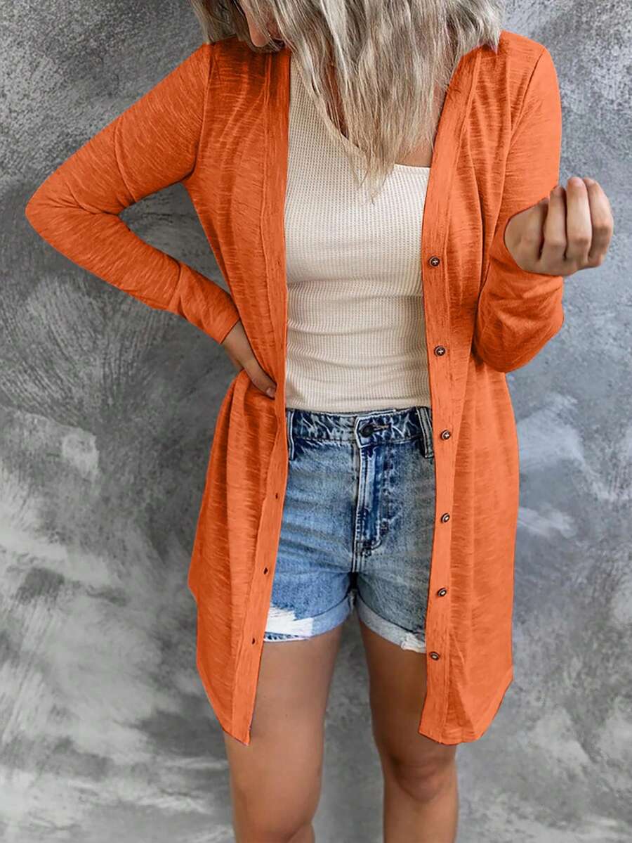 Áo khoác cardigan dài cài cúc màu trơn dành cho nữ, kiểu dáng thường ngày. - trái cam - Xem 1