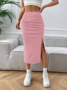 SHEIN Clasi Women's High Split Mid-length Skirt - Pink - View 3