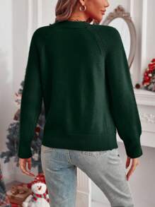 SHEIN LUNE 綠色圓領拉甘袖毛衣 - 軍綠色 - 查看 2