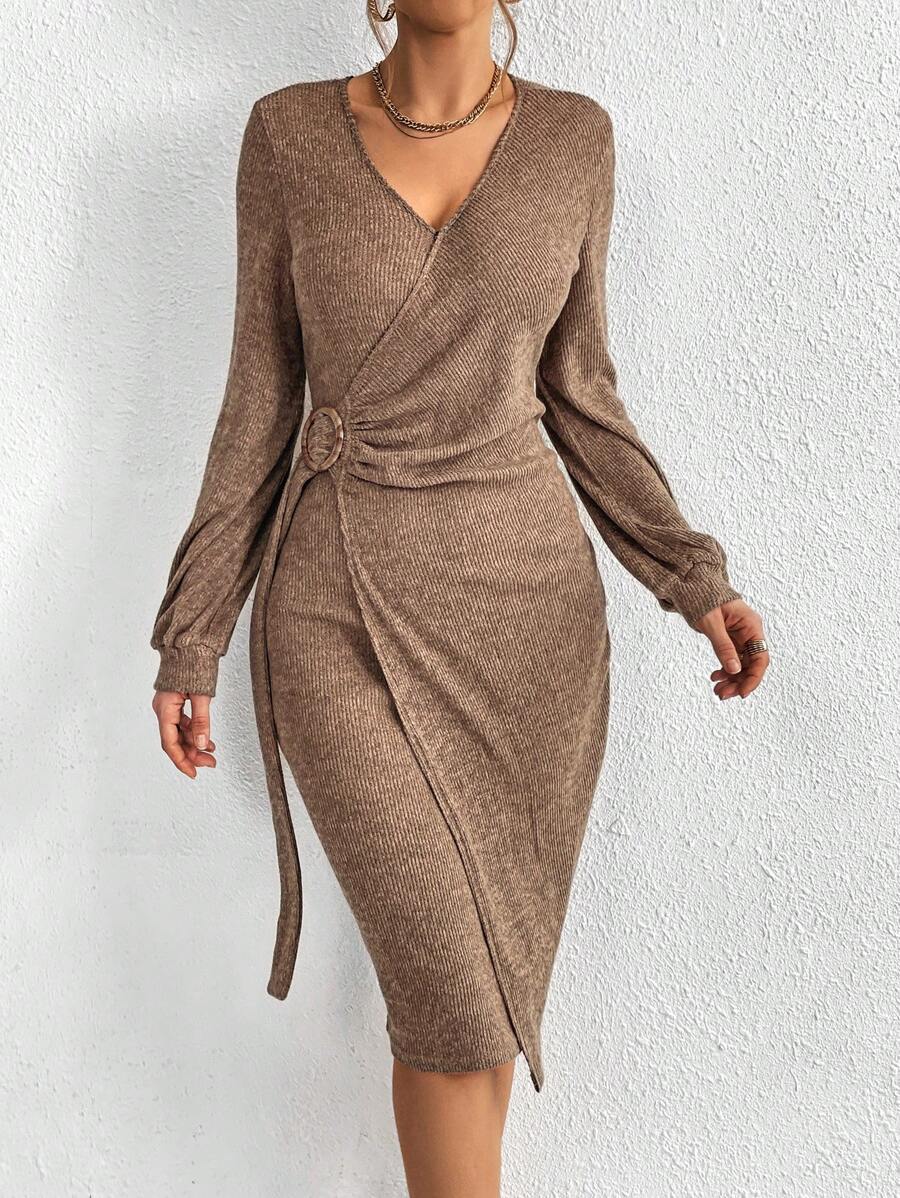 SHEIN Essnce Solid Rib-knit Wrap Side Dress - Camel - View 1