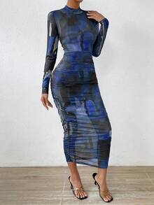 SHEIN Privé Allover Print Mock Neck Bodycon Dress - Blue - View 6