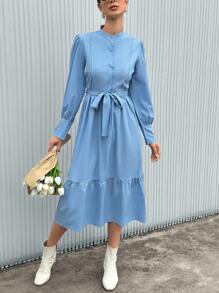 SHEIN Privé Vestido Azul Con Dobladillo Con Volantes Y Manga Larga Para Mujer