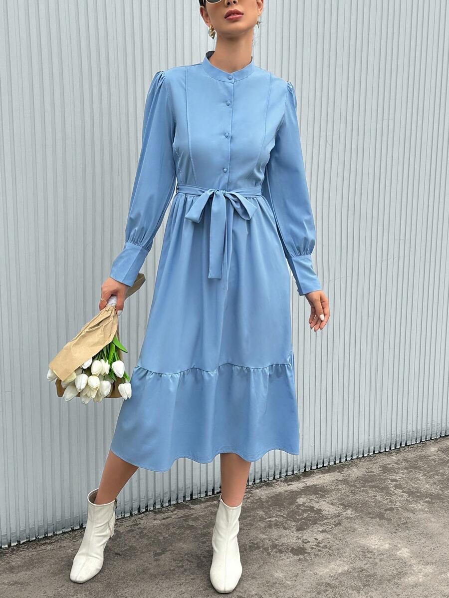 SHEIN Privé Vestido Azul Con Dobladillo Con Volantes Y Manga Larga Para Mujer