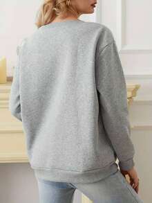 SHEIN EZwear Của phụ nữ Slogan In Lông cừu Áo nỉ - Xám - Xem 2