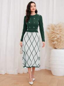 Modelyn 菱形鑽石鑲嵌針織毛衣連衣裙 - 綠色 - 查看 1