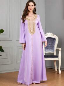 SISKAKIA Women's Contrast Color Long Sleeve Arabic Traditional Abaya - Purple - View 2