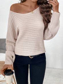 SHEIN Essnce 女式圓領落肩毛衣 - 卡其色 - 查看 1