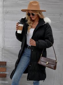 SHEIN Unity Fuzzy Trim Hooded Padded Padded Coat Clothes Winter Fall Cloth For Women