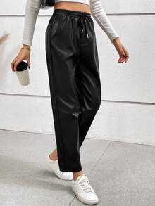 SHEIN Frenchy Eo dây rút Quần chân thẳng - màu đen - Xem 3