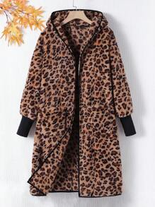 SHEIN 青少年女孩豹紋連帽絨毛外套 - 彩色 - 查看 1