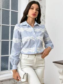 SHEIN Privé Striped Printed Collared Shirt With Patchwork Of Lace Puffy Sleeves - Blue - View 5