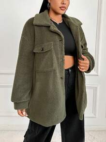 SHEIN EZwear Kích thước lớn Của phụ nữ Thả vai áo - Màu xanh Ô liu - Xem 3