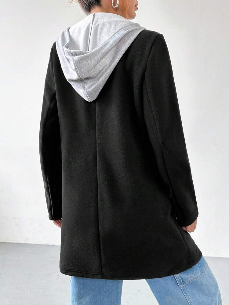 1pc Women's Solid Color Thigh-Length Thermal Lined Hooded Casual Jacket, Autumn/Winter