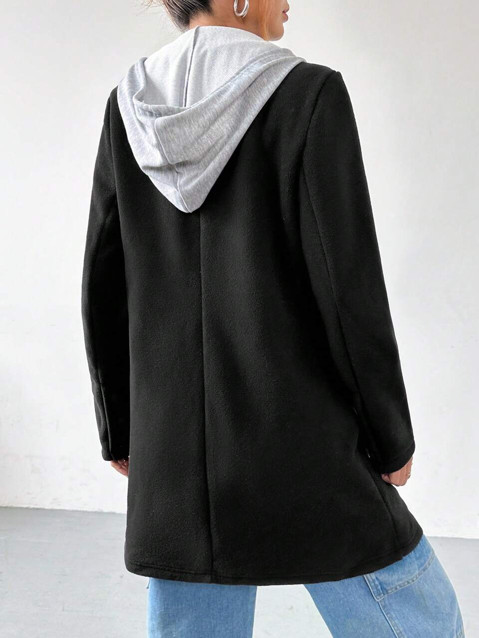1pc Women's Solid Color Thigh-Length Thermal Lined Hooded Casual Jacket, Autumn/Winter