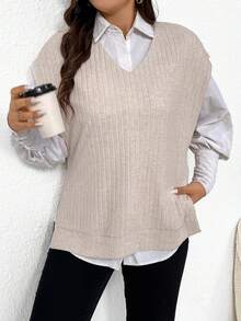 SHEIN Frenchy 大尺碼女性v領針織背心 - 杏色 - 查看 5