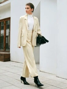 Anewsta Women's Turn-down Collar Single Breasted Suit Jacket - Apricot - View 5