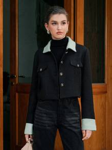 Anewsta Cổ áo tương phản Chi tiết về Flap Áo khoác - màu đen - Xem 7