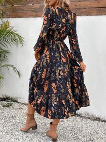 SHEIN VCAY Váy xếp nếp tay đèn lồng họa tiết hoa - màu đen - Xem 2