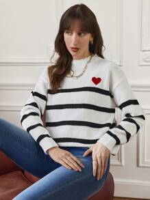 SHEIN Frenchy Women's Stripe Drop Shoulder Sweater - Black and White - View 1