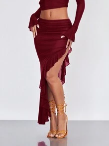 SHEIN BAE Ruched Asymmetrical Ruffle Hem Skirt - Burgundy - View 7