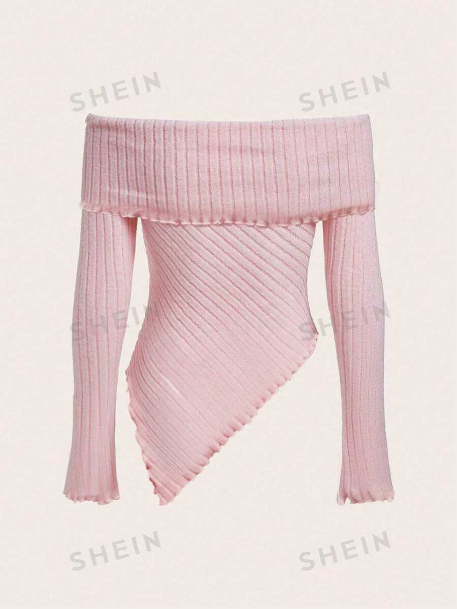 SHEIN ICON Spring Off Shoulder Twist Front Asymmetrical Hem Pink Tee ...
