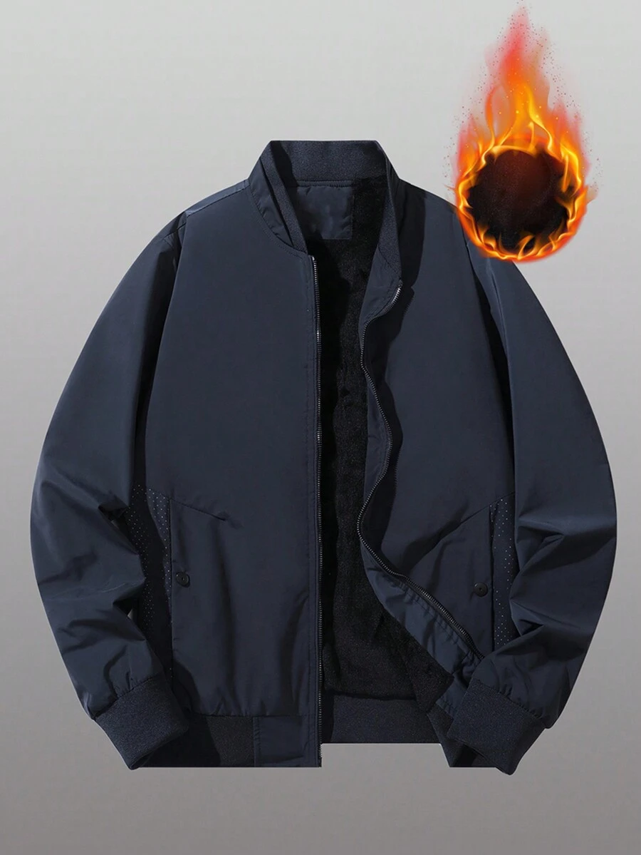 Nam Chất rắn Lót nhiệt Áo khoác bomber - Màu xanh lam - Xem 1