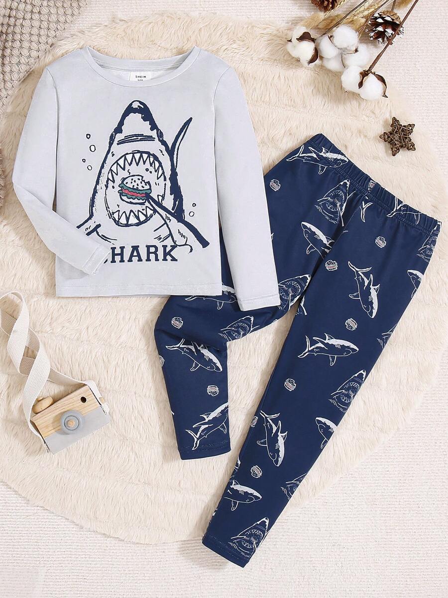 SHEIN Chàng trai trẻ Cá mập & Đồ họa Chữ cái Áo thun & quần Vừa Khít Bộ PJ - Nhiều màu - Xem 1