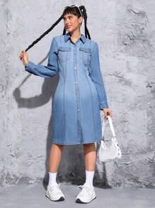 SHEIN EZwear Women's Denim Shirt Dress With Flap Pockets - Medium Wash - View 1