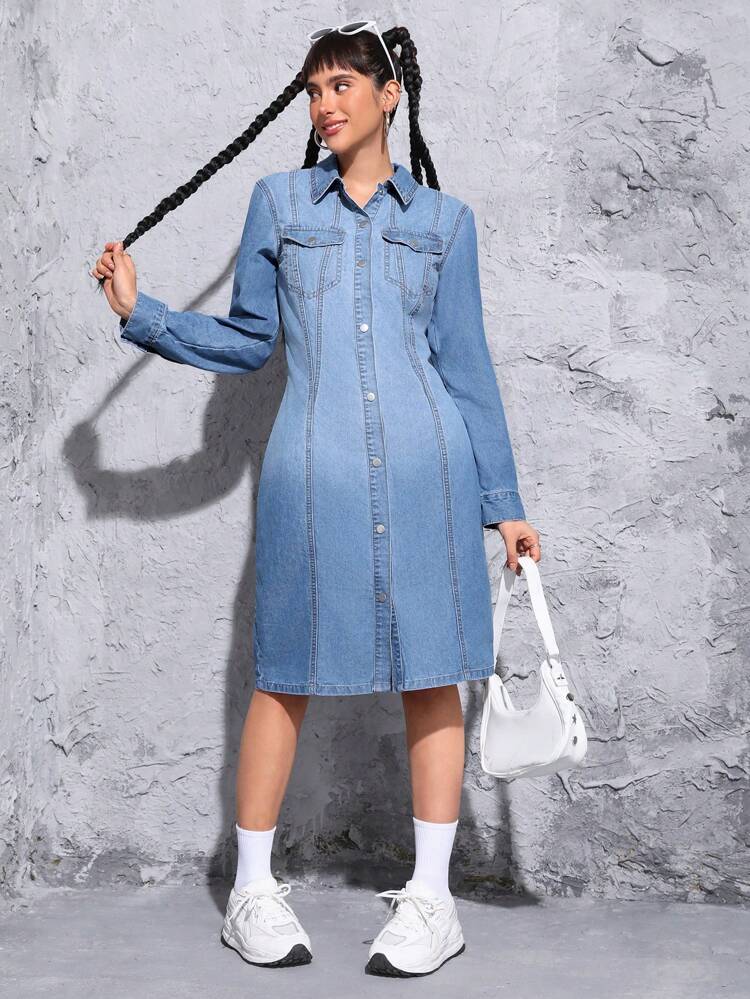 Women's Denim Shirt Dress With Flap Pockets