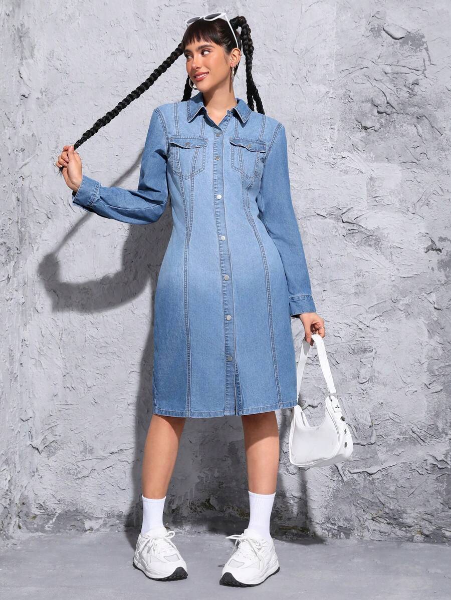 SHEIN EZwear Women's Denim Shirt Dress With Flap Pockets - Medium Wash - View 1