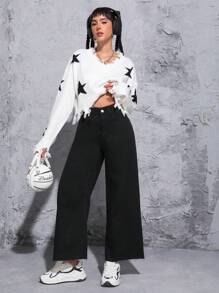 SHEIN PETITE Solid Color Denim Pants - Black - View 6