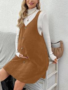 SHEIN Maternity Solid Color Button Front Design Dress - Brown - View 5