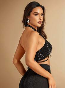 SHEIN BAE 派對夜店流蘇亮片黑色女士背心