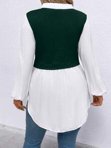 Calvaya Plus Size Women's Color Block Lantern Sleeve Patchwork Top - Green - View 2