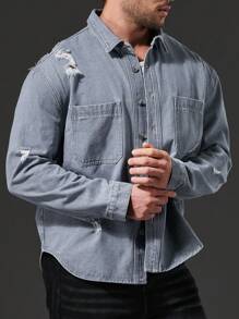Manfinity Homme Herren Plus Größe Zerrissenes Denimhemd - Grau - Übersicht 3