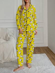 RueChic Women's Cartoon Pattern Long Pants Pajama Set - Yellow - View 3