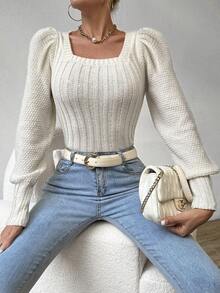 SHEIN LUNE 女士燈籠袖針織衫 - 米色 - 查看 3