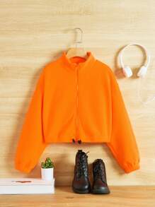 SHEIN Tween Girl 拉鍊抽繩下擺保暖襯裡運動夾克 - 亮橙色 - 查看 1