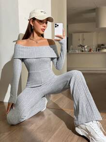 SHEIN EZwear Off Shoulder Foldover Front Flare Leg Jumpsuit - Grey - View 4