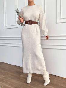 EURMUSE Drop Shoulder Split Hem Sweater Dress - Grey - View 4