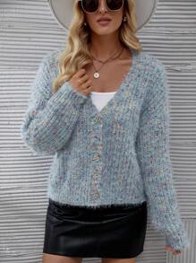 SHEIN Essnce Dệt kim Marled Thả vai Áo len Mở - Màu xanh lam - Xem 1