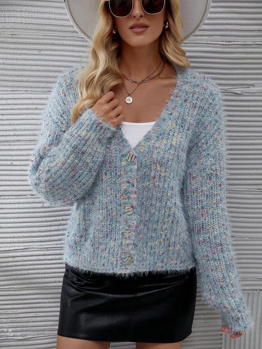 SHEIN Essnce Dệt kim Marled Thả vai Áo len Mở - Màu xanh lam - Xem 1
