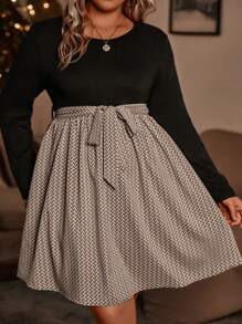 SHEIN CURVE+ Plus Self Belted Chevron Dress - Khaki - View 4