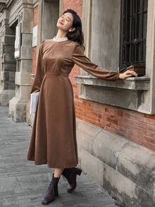 Dazy Star 撞色小高領燈籠袖連身裙 - 咖啡棕 - 查看 5