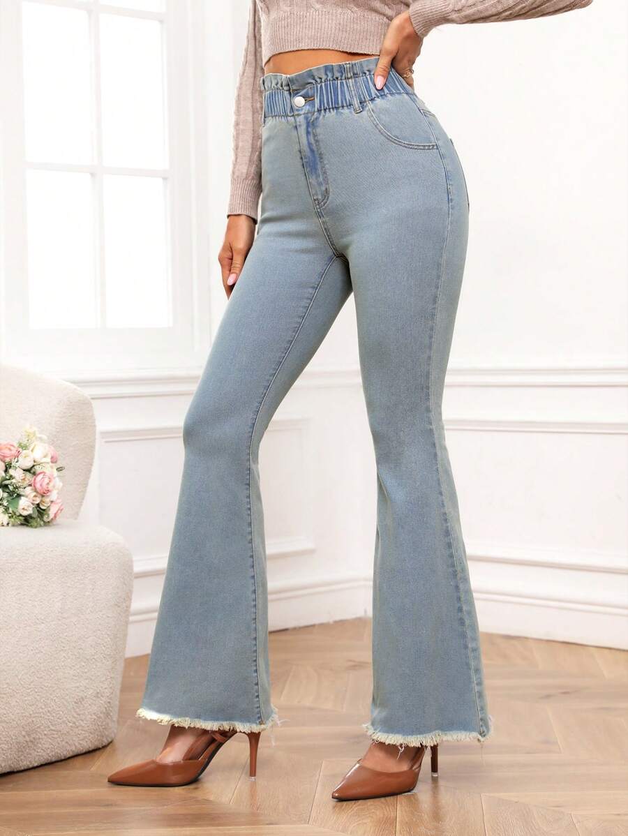 SHEIN Frenchy Women's Flared Jeans With Raw Hem - Dusty Blue - View 1