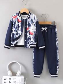 SHEIN Jungen Bomberjacke Mit Comic-grafik & Sweatpants Ohne T-shirt