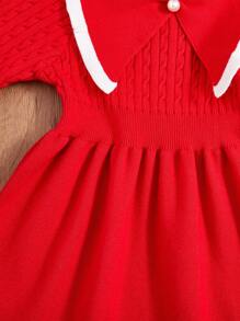 SHEIN Young Girl Contrast Trim Statement Collar Flounce Sleeve Sweater Dress - Red - View 5