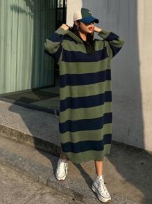 Dazy Star 女式双色条纹连帽毛衣裙，秋装 - 綠色 - 查看 6